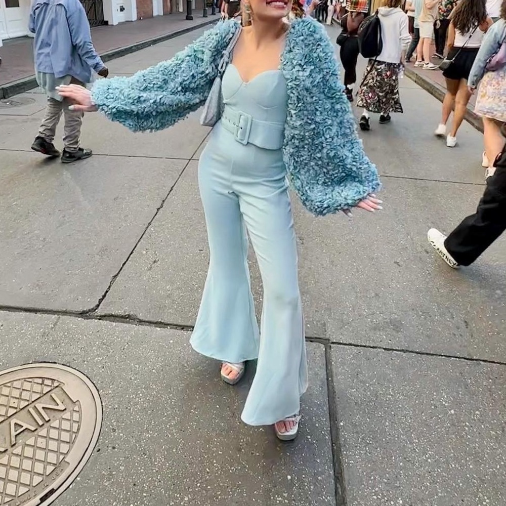 ASOS LUXE 3D floral sleeve jumpsuit with belt in blue - Picture 2 of 10